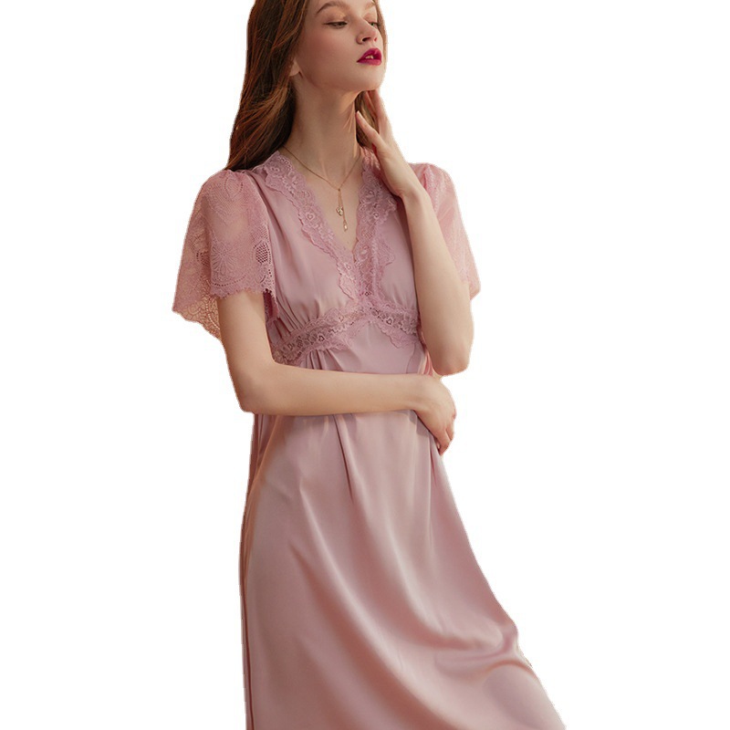Spring and Summer Bridal Wedding Morning Gown Short-sleeved Long Dress Wedding Pajamas Distinctive Lace Hollow-out Sexy Nightgown