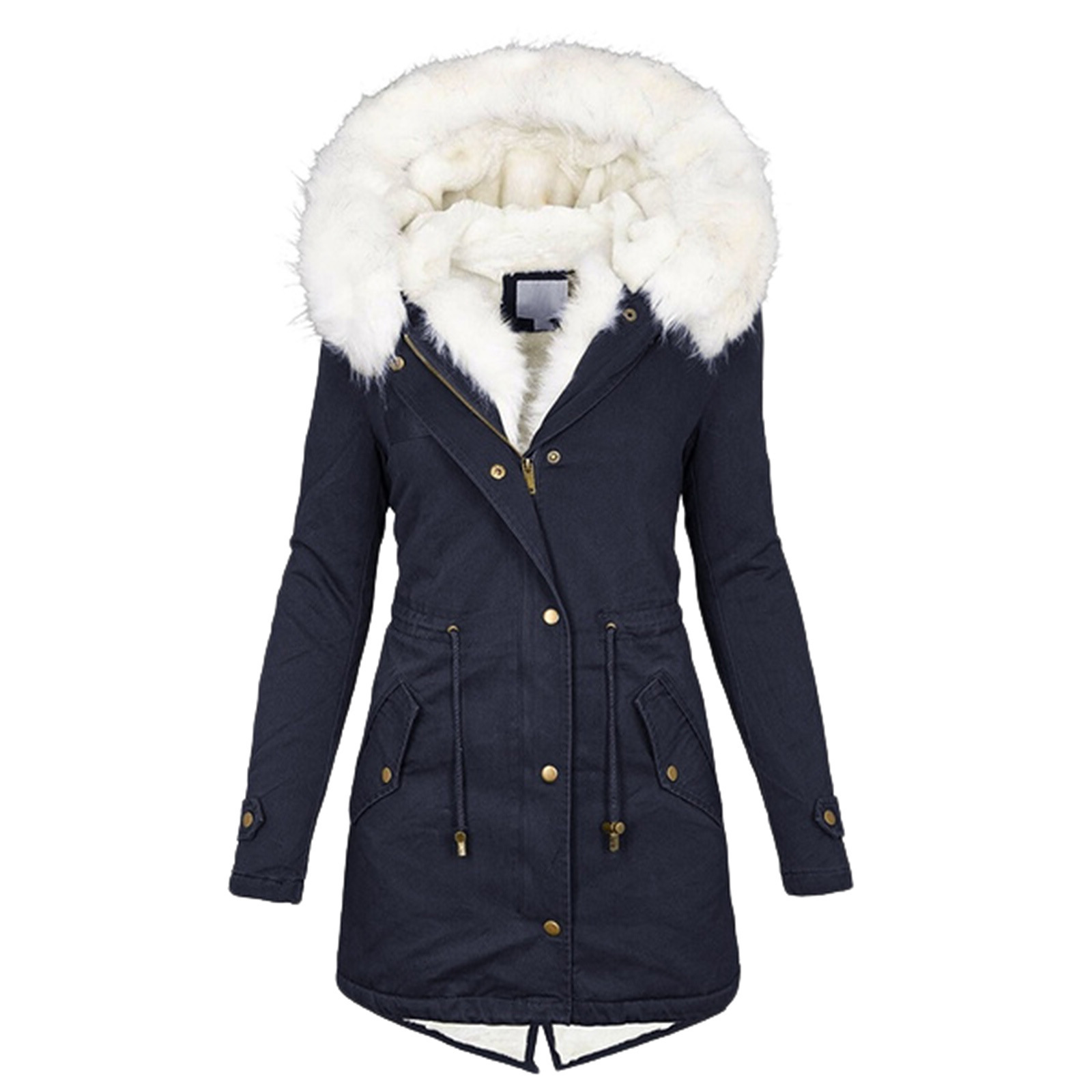2024wish Amazon women's autumn and winter mid-length trench coat white fur collar hooded warm fleece-lined women's coat
