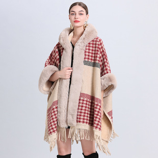 869# factory direct loose plaid plus velvet padded fur collar knitted shawl Cape Women's wool shawl coat