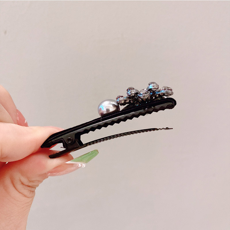 Rhinestone velvet black bangs clip high-grade side clip duckbill clip  style back head Pearl Rhinestone hairpin_voghion.com