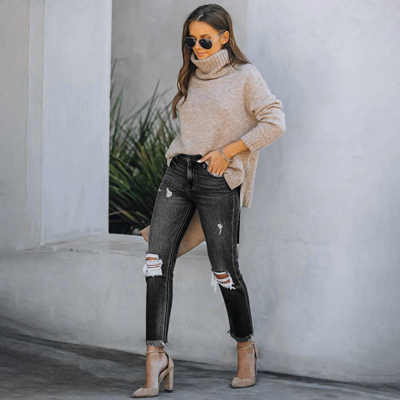 2021 Cross-border Amazon Independent Station Ripped Tassel Elastic Mid-waist Small Straight Jeans Women's Super Hot