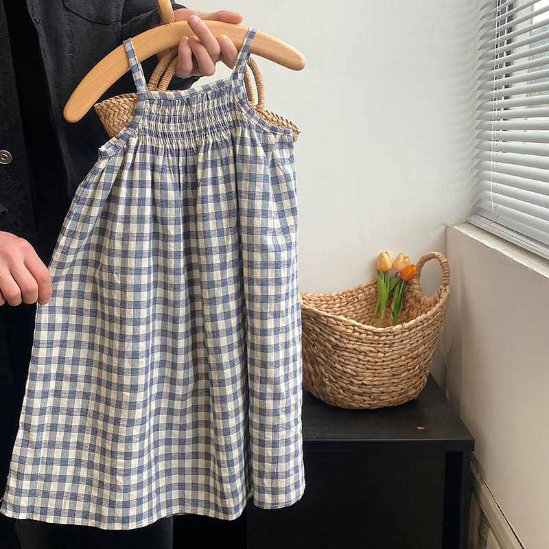 Girl's Mori Plaid suspender skirt 2024 Summer new children's dress baby girl's skirt medium and small children's dress