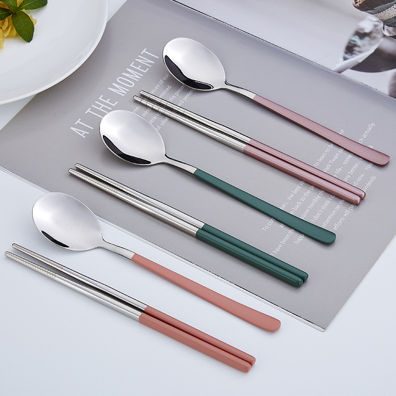 304 Stainless Steel Portable Tableware suit Internet Red Chopsticks Spoon Student Outdoor Korean-style Single Tableware Three-piece Set