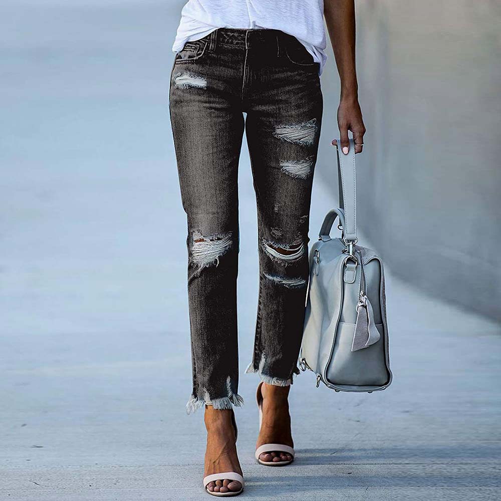 2023 New Women's Straight Tassel Jeans Amazon Cross-border Independent Station Slim-fit Ripped Pants Women