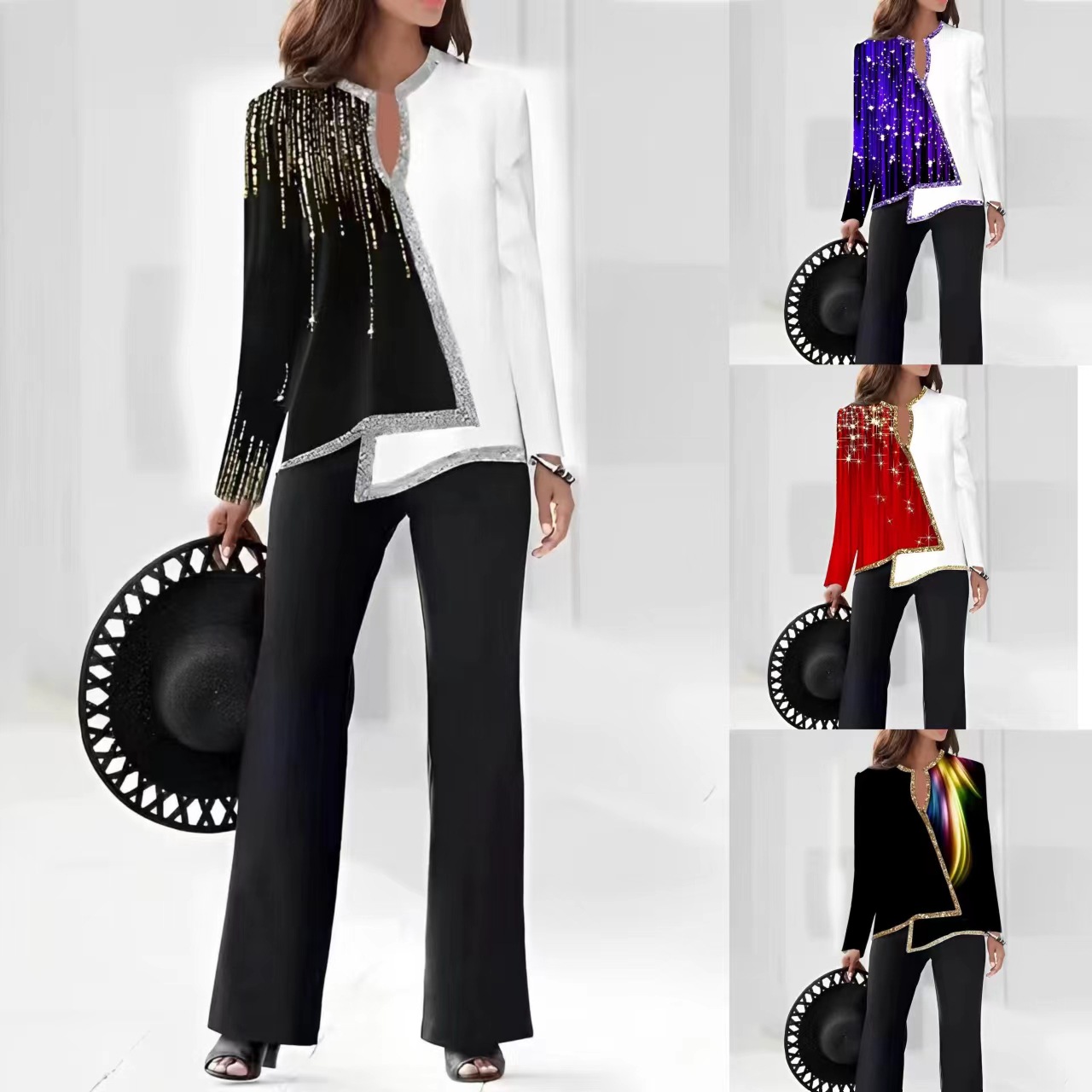 2023 Summer European and American Amazon 3D Digital Printing Women's V-Neck Asymmetric Fashion Casual Shirt Pants Set