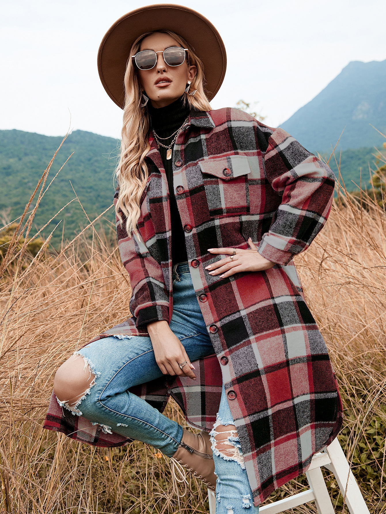 2022 autumn and winter European and American temperament windbreaker coat side slit lapel loose woolen plaid shirt coat in stock_voghion.com