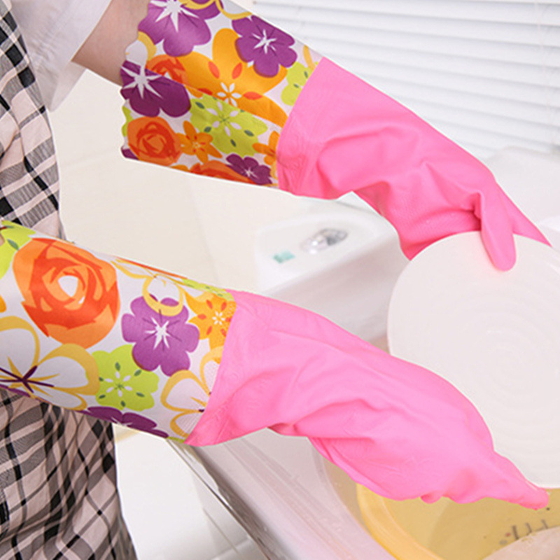 Winter kitchen thickened dishwashing and cleaning household gloves velvet lengthened laundry rubber pvc waterproof latex gloves