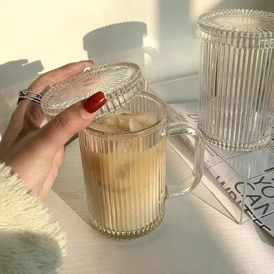 Simple ins Style Vertical Stripe Glass Household Water Cup Beverage Cup with Lid High Value Milk Cup Breakfast Cup