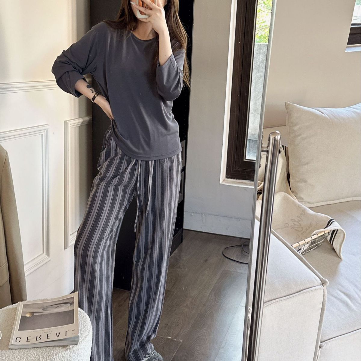 2024 end Post Korean striped suit long homewear spring girls' high cotton long-sleeved trousers pajamas