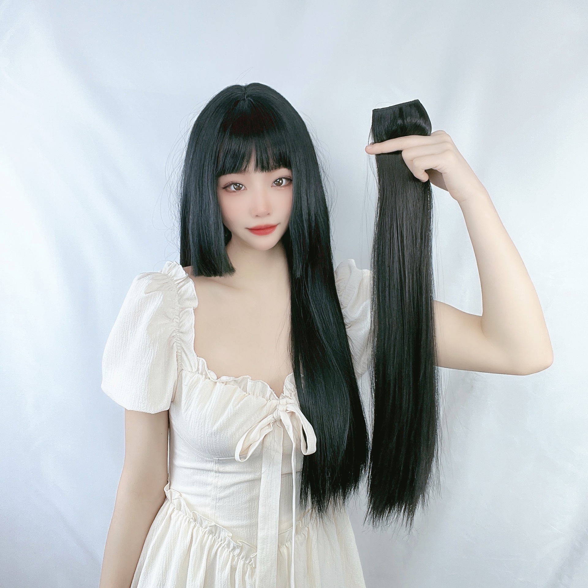 Wig women's long hair a piece of four card high temperature silk hair piece cross-border foreign trade black long straight wig a generation of hair