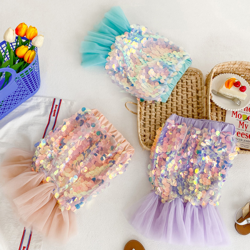 Girls 2023 Spring and Summer New Parent-Child Children's Skirt Mesh Sequin Fishtail Skirt Baby Mermaid Princess Skirt