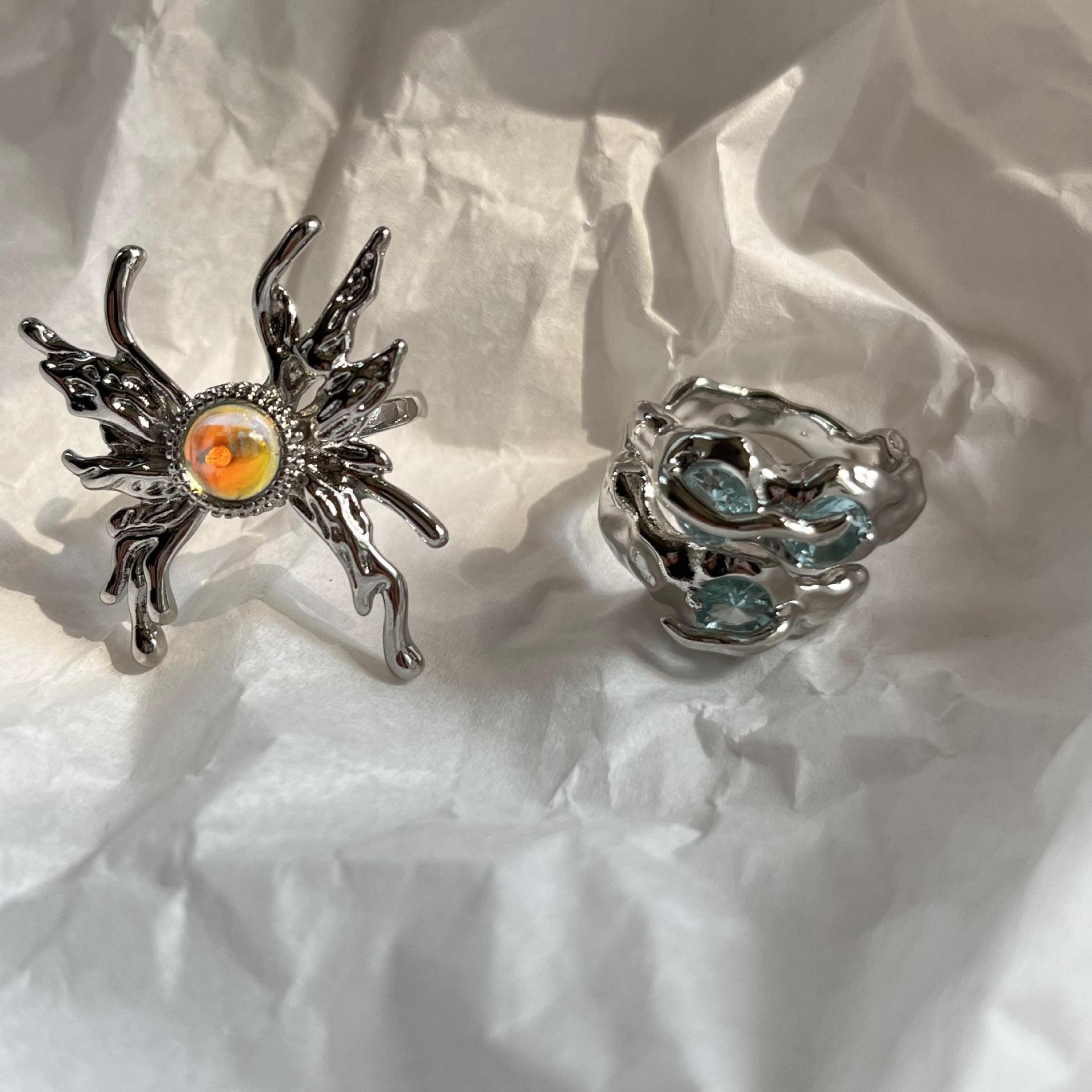Niche Design Liquid Butterfly Lava Open Ring Finger Ring Ins Sweet Cool Hip-Hop Cat's Eye Blue Zircon Ring