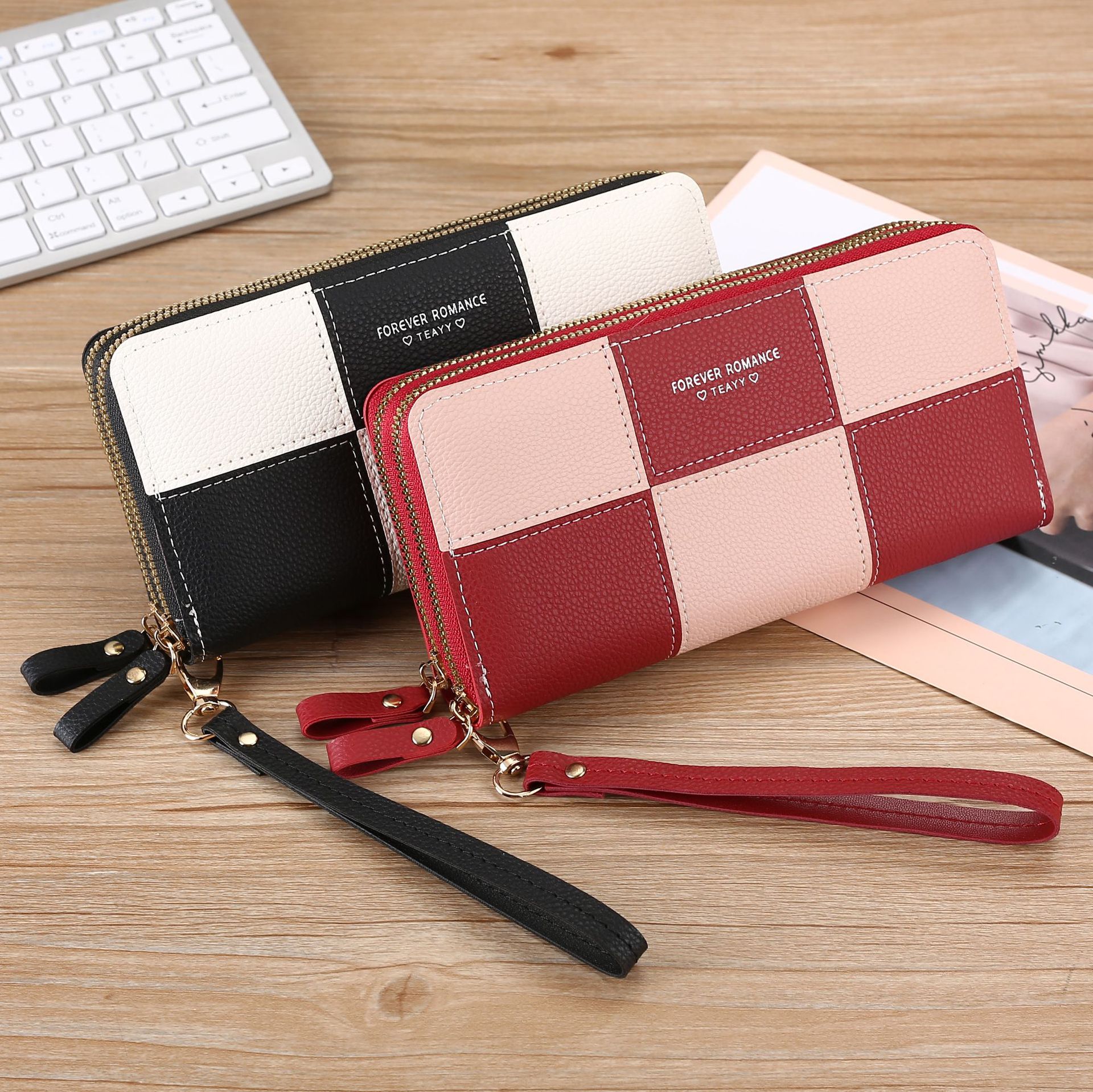 Wallet Girl's Long Hand Wallet Women's 2023 New Three-color Stitching Simple Zipper Mobile Phone Bag Wallet Wallet