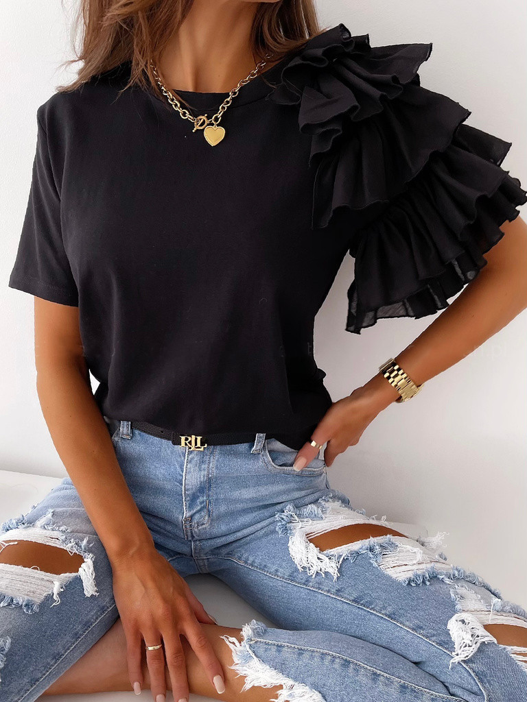 2021 AliExpress wish Amazon Explosions Summer Simple Fashion Ruffled Short-sleeved Round Neck Women's T-shirt