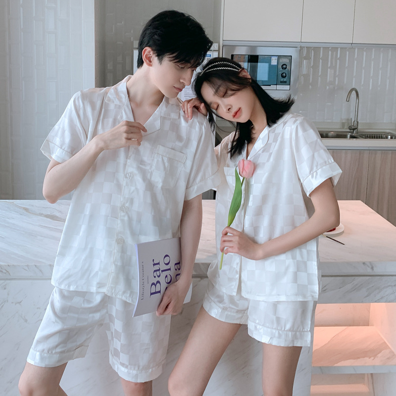Spring and Summer Square Couple Pajamas Women's Ice Silk Short-sleeved Shorts Summer Silk Men's suit Spring and Autumn Home Clothes
