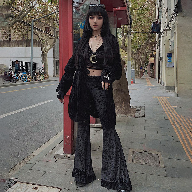 22530A Summer New Women's Flared Pants Dark Elegant Lace Stitching Slim-Fit Hip-Hop Dance Pants Women