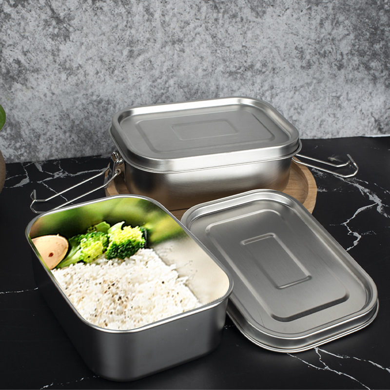 Food Grade 304 Material Stainless Steel Lunch Box Rectangular with Lid Preservation Box Canteen Lunch Box Steamed Rice Lunch Box