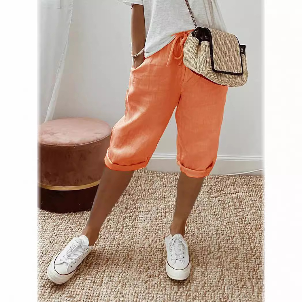 2024 Europe and the United States cross-border Amazon independent station women's cotton and linen pocket elastic casual pants women's pants pants