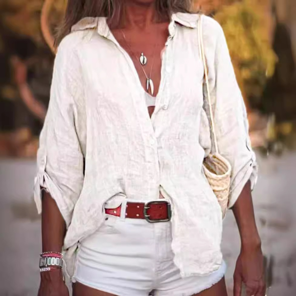 New Women's Cotton and Linen Solid Color Loose Sleeve Shirt