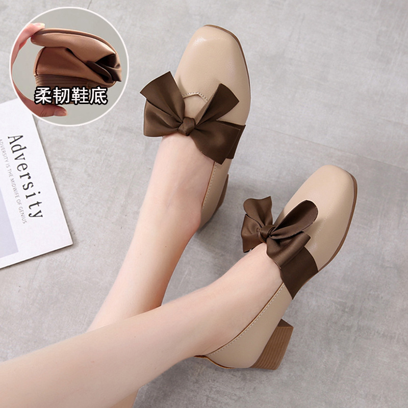Autumn 2024 new thick heel small leather shoes Korean fashion soft face mid heel women's shoes single-layer shoes bow fairy shoes spring
