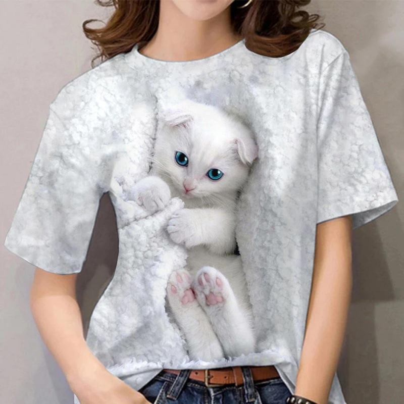 2024 Amazon Independent Station Women's Short-sleeved T-shirt Cute Cat 3D Print European and American Foreign Trade Women's Wear Straight Hair