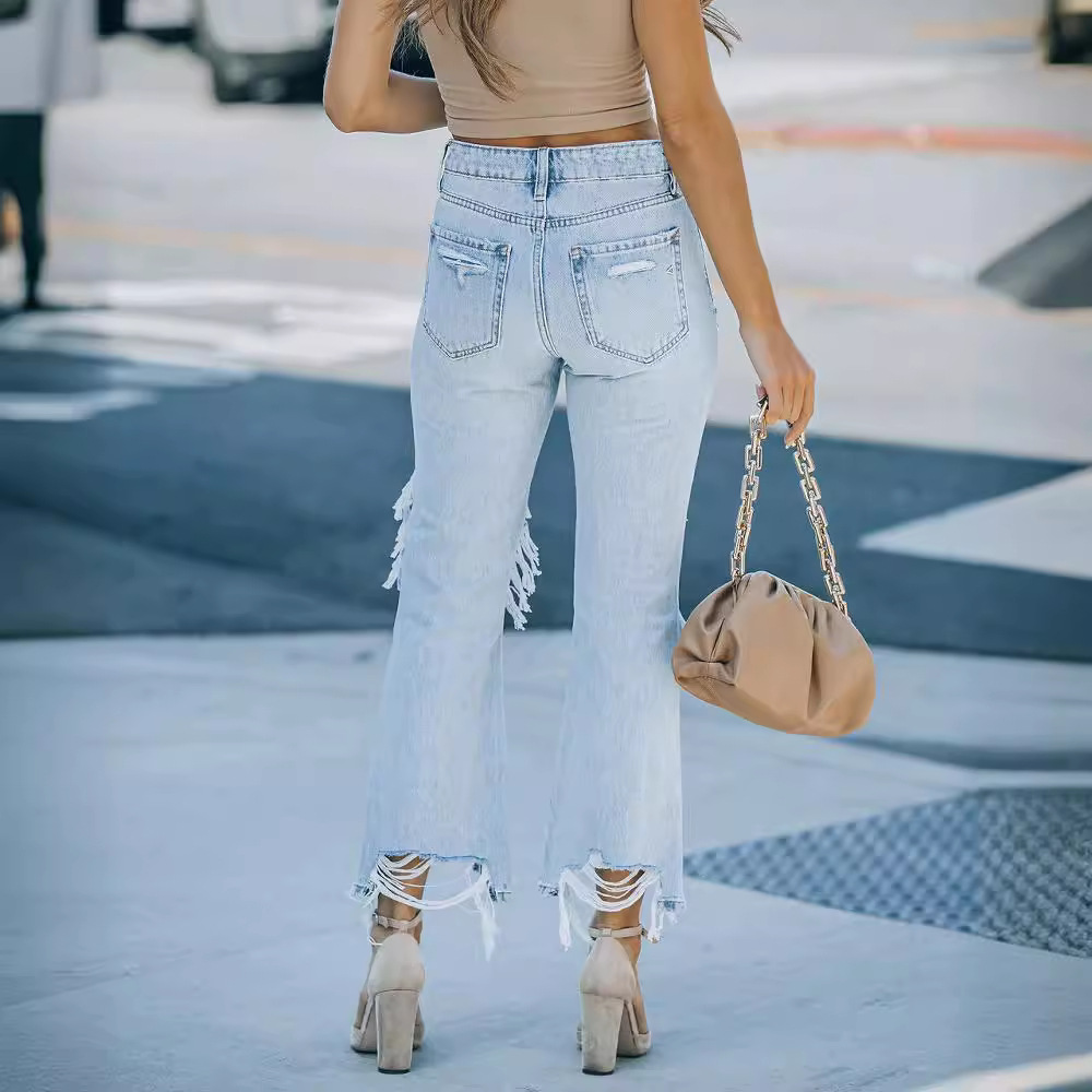Amazon jeans for women 2023 new cross-border European and American casual washed wish ripped high waist straight pants