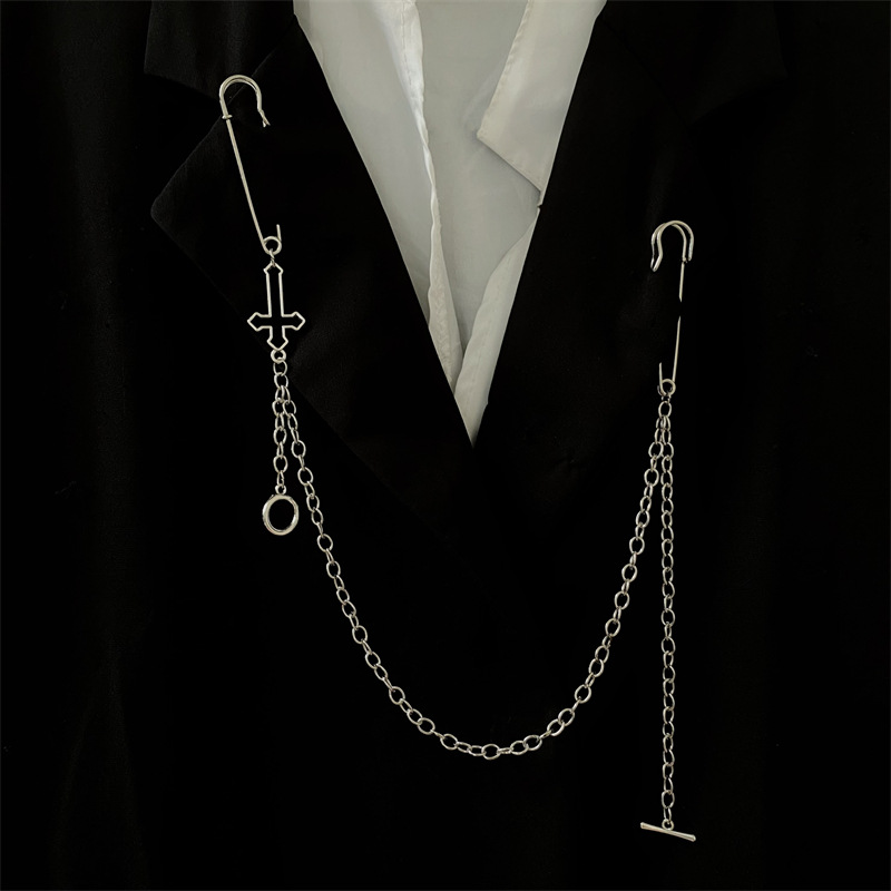 Trendy Long Chain Pin Distinctive European and American Hip Hop Style Brooch Cold Style Cool Button Pin Jacket Clothes Accessories for Men and Women