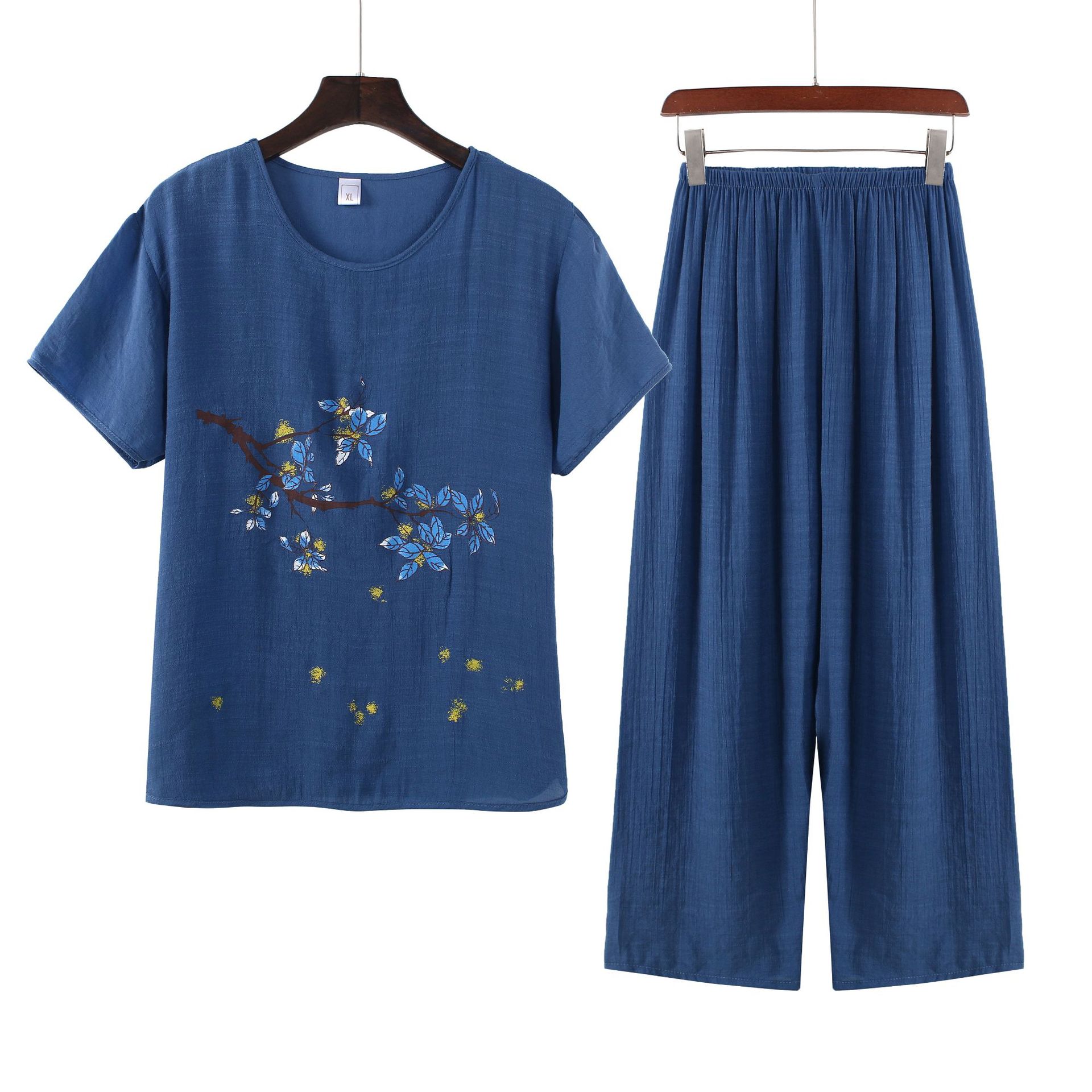 Middle-aged Pajamas Women's Summer Cotton and Linen Short-sleeved Two-piece Summer Simple Breathable Top Pants Outer Wear Home Clothes