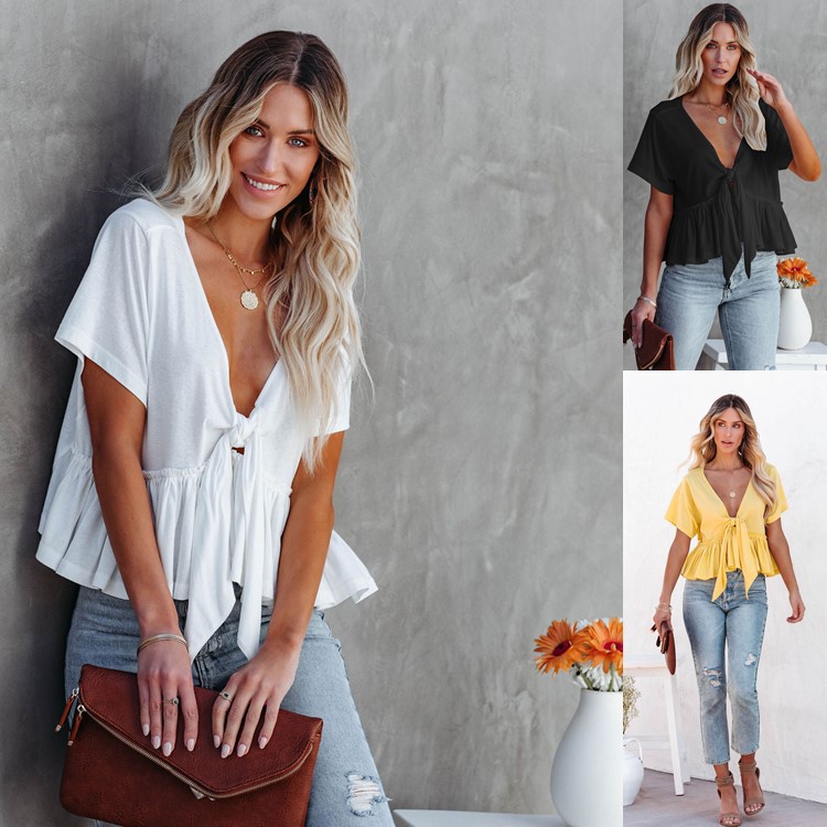 2023 Amazon Summer New European and American Cross-border Women's Solid Color Stitching Loose Short Sleeve Strap Ruffled Top