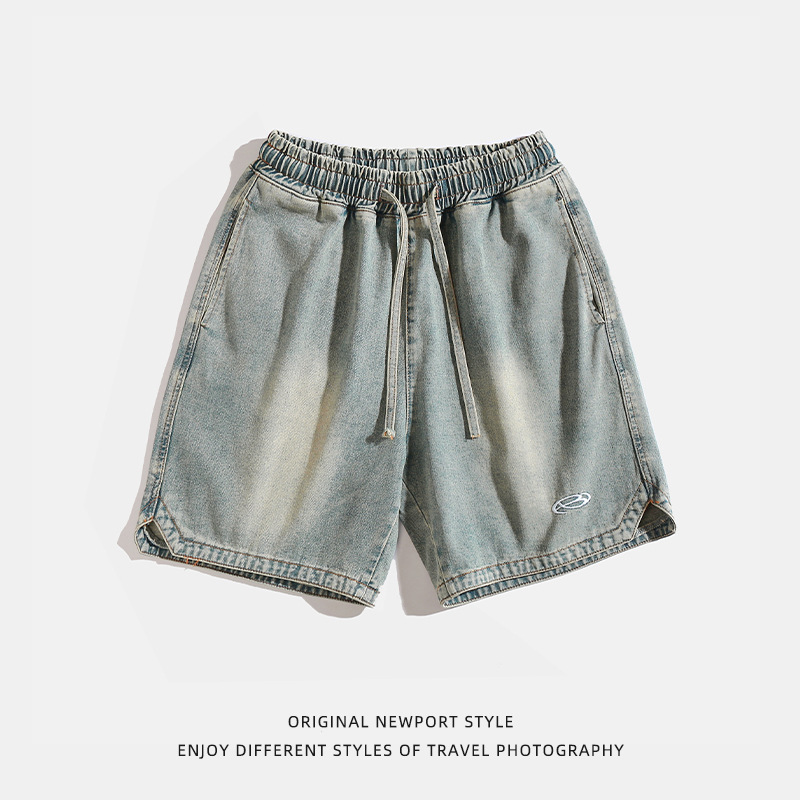 Distressed washed workwear Denim shorts men's summer new fashion brand embroidered Japanese casual loose drawstring shorts
