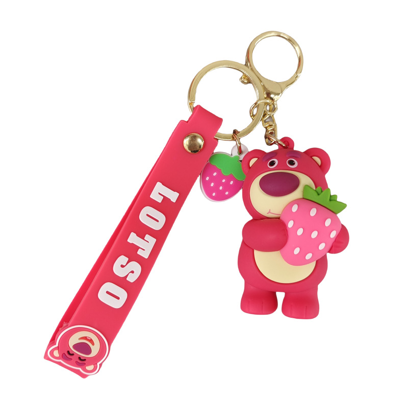 Strawberry bear cartoon silicone keychain bear doll pendant car key chain ornaments doll machine gift wholesale