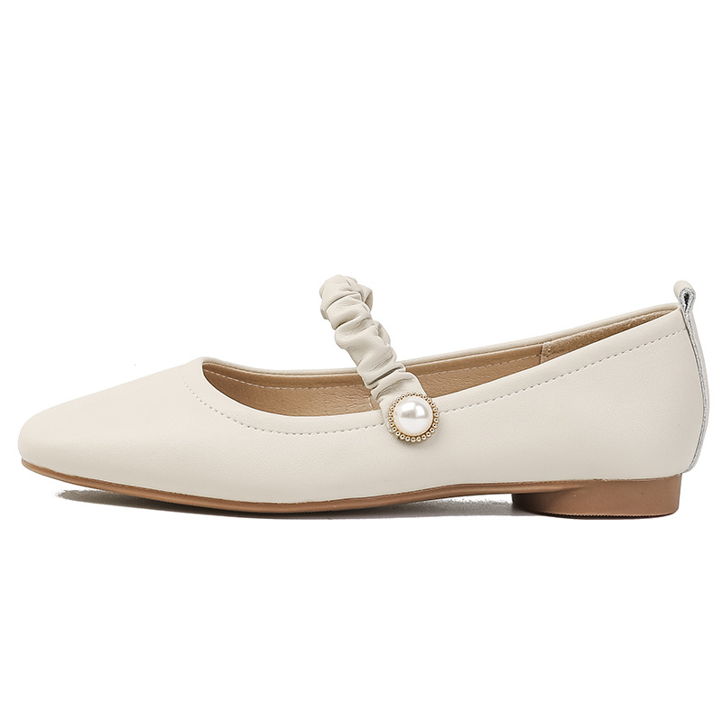 Genuine Leather Mary Jane Shoes Women's 2023 Spring New Genuine Leather Flat Shoes French Square Toe Bridesmaid Shoes Milk Shoes