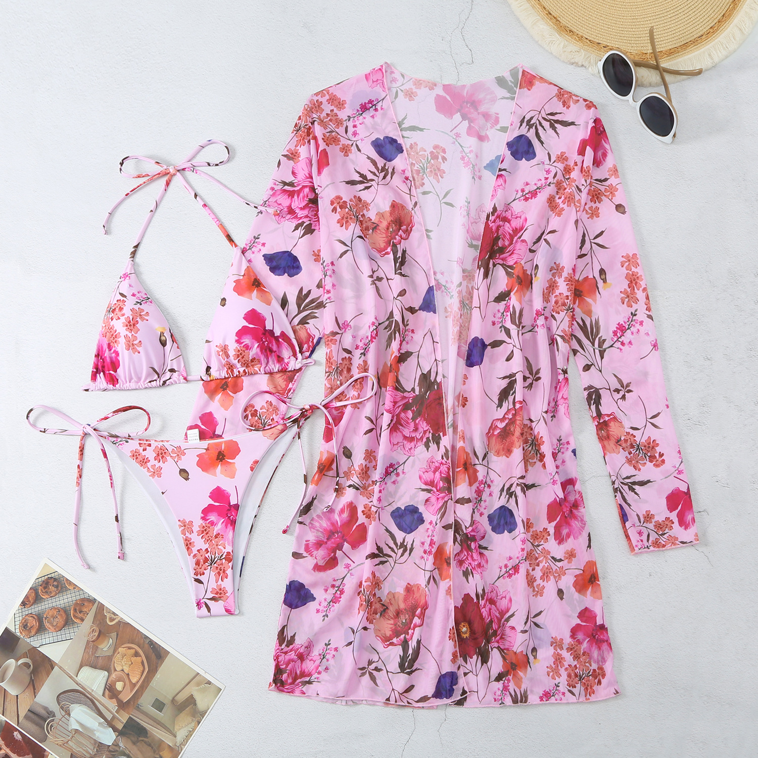 2024 European and American mesh sunscreen blouse vacation swimsuit Amazon mesh three-piece bikini split swimsuit