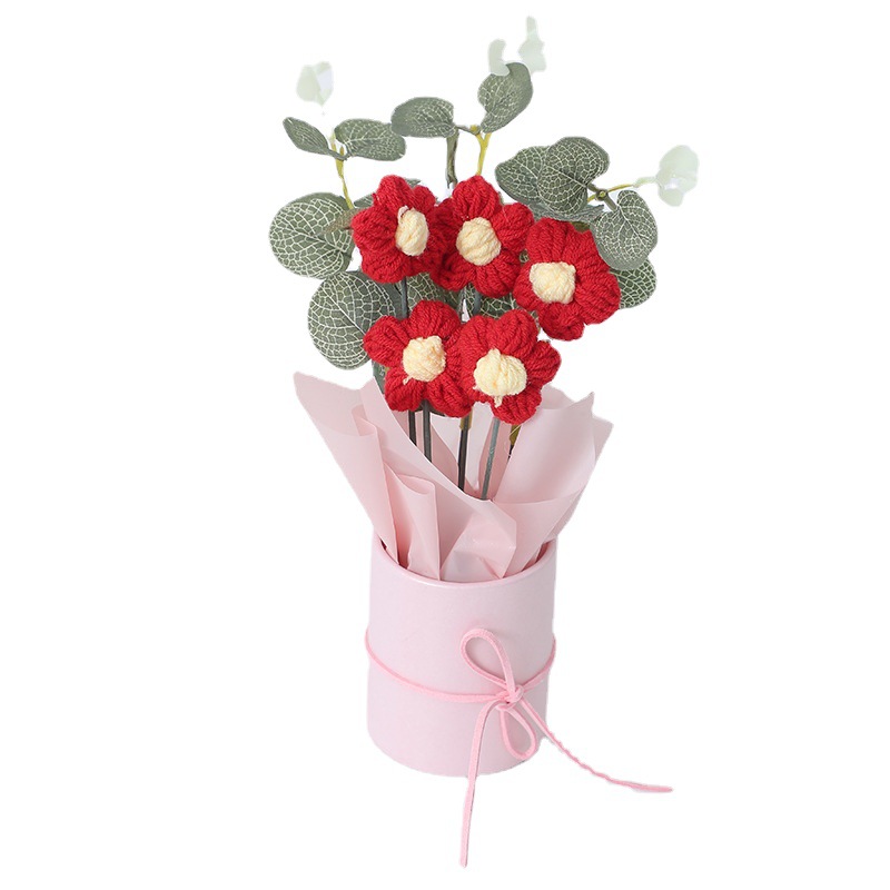 5 Puffs Barrel Valentine's Day Bouquet Wool Flower DIY Hand-woven Flower Knitted Flower Christmas Gift for Girlfriends