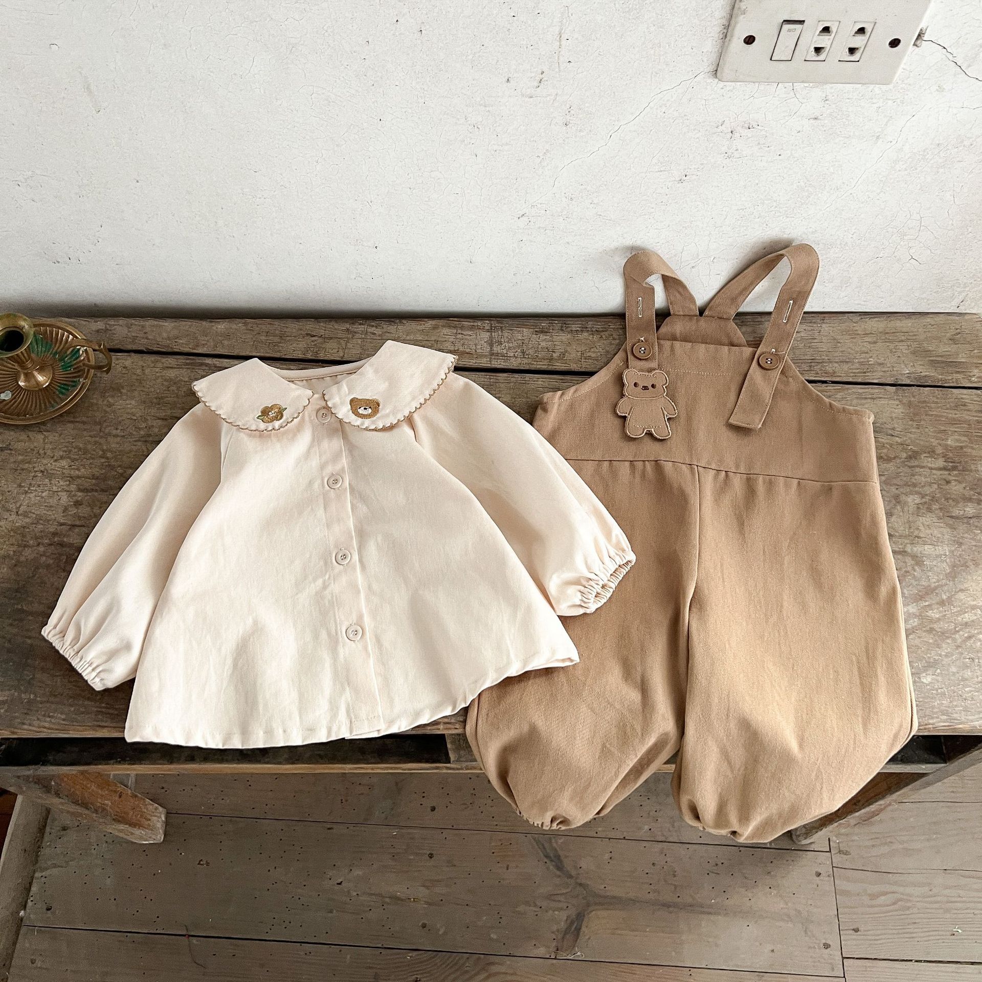 Korean style Spring Children's cotton bear top suspender pants suit ins bow vest sweater cartoon skirt