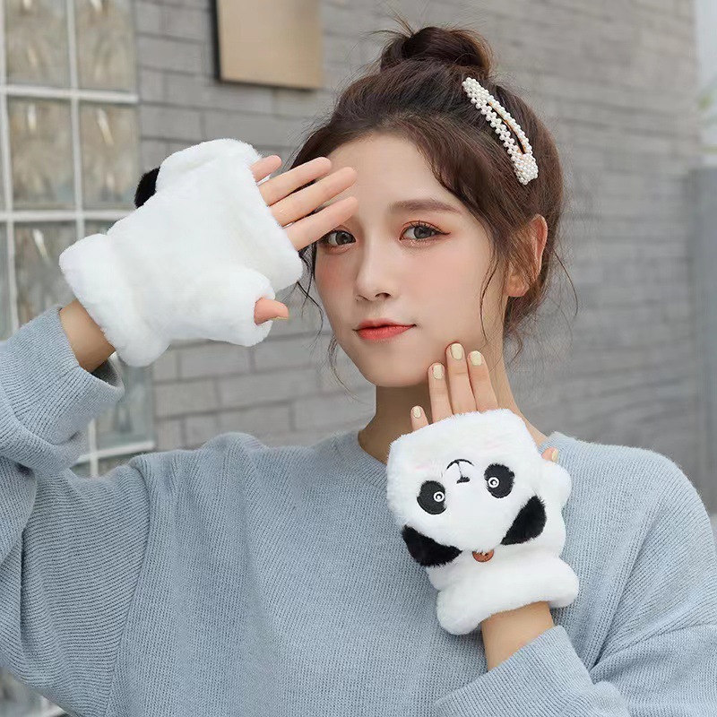 Korean version of winter warm flap plush gloves cute cartoon panda cold finger leakage student gloves manufacturers wholesale
