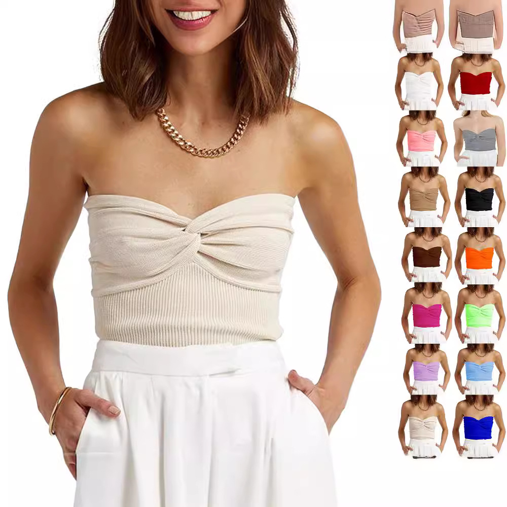 2024  European and American Spring and Summer New Solid Color Twisted Sling Short Tight Backless Tube Top Sweater Women's Clothing_voghion.com