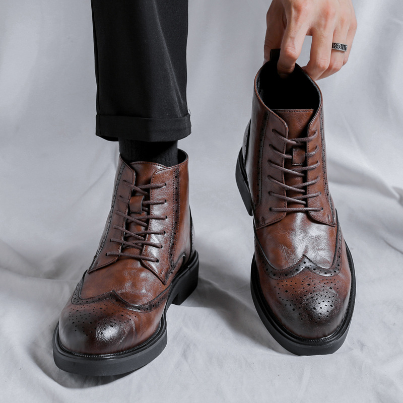 Men's Martin Boots Frock Business Casual Brock Carved High-top Leather Shoes with Suit 85680-R