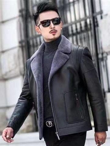 2023 Winter Haining fur integrated leather coat men's handsome slim fit short suit collar jacket fur casual jacket