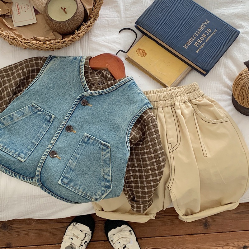 2024 children's clothing spring and autumn new children's Korean denim vest boy's autumn coat retro distressed children's top