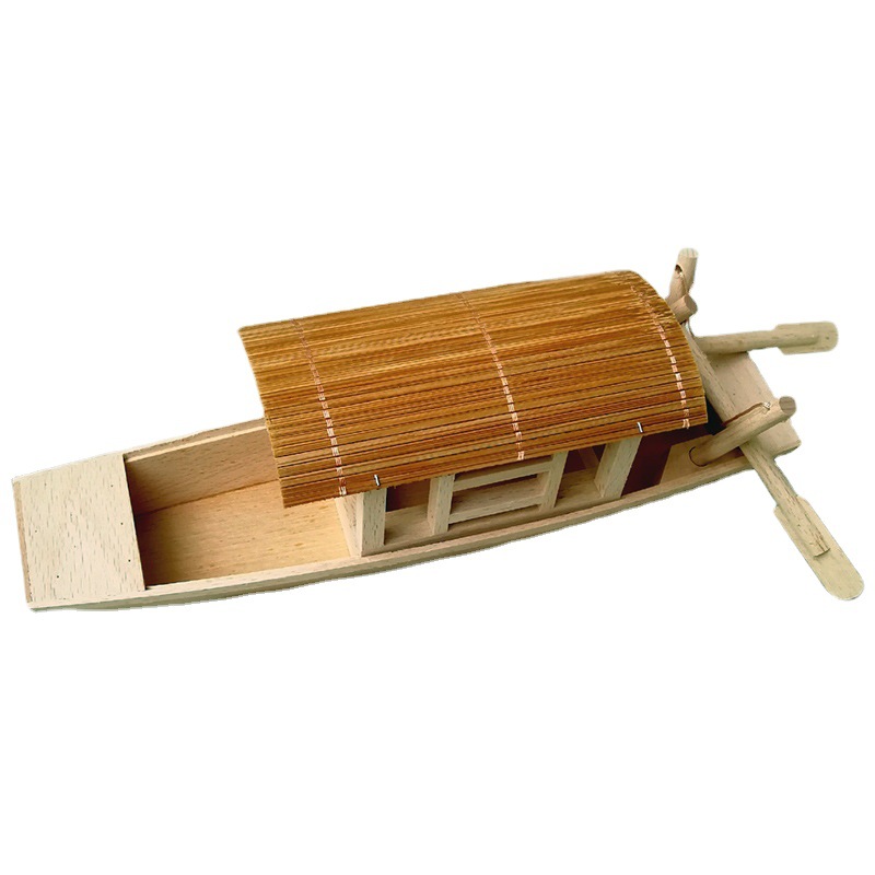 Hand-cranked boat with shed small wooden boat model with canopy wooden fluffy small fishing boat fishing boat decoration Wupeng Boat