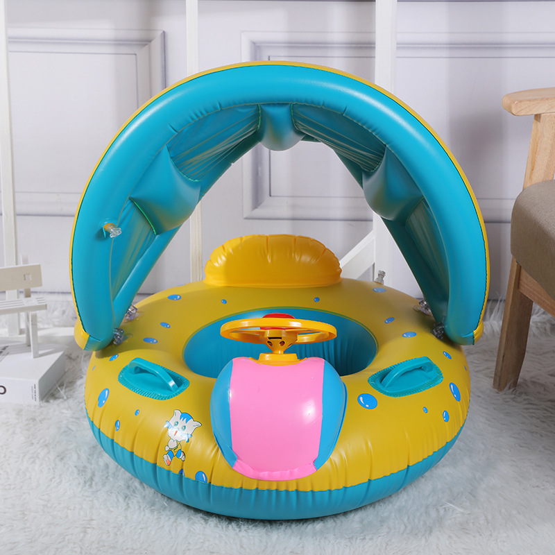 Sunscreen children's inflatable yacht with steering wheel swimming ring cartoon baby horn awning inflatable seat ring