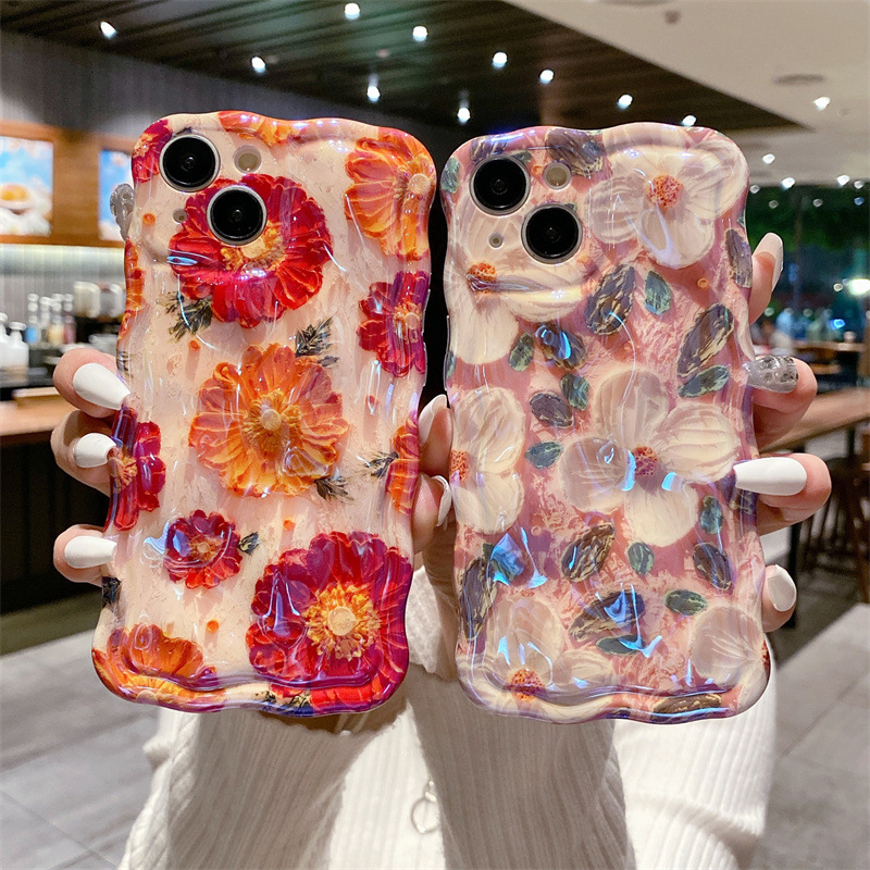 適用iPhone13藍光油畫花朵手機殼蘋果15promax扭扭邊14pro女12/11