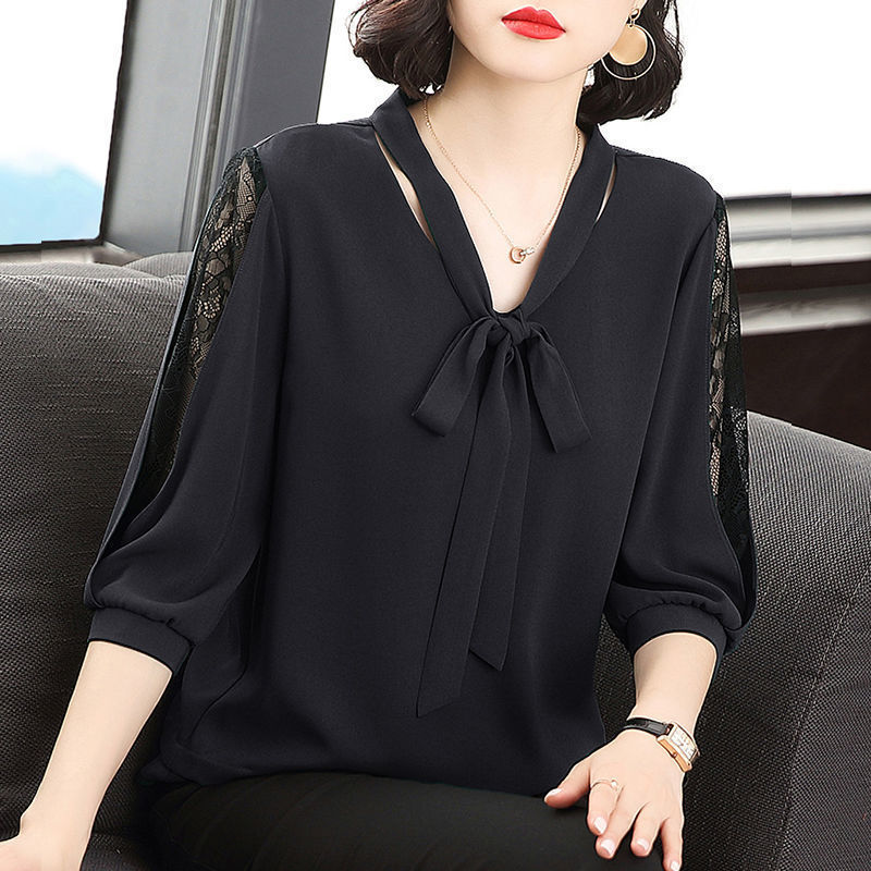 Chiffon Shirt Western Style Super Fairy Shirt V-neck Turtleneck Bow Mid-sleeve Loose Large Size Belly Covering Lace Base Shirt