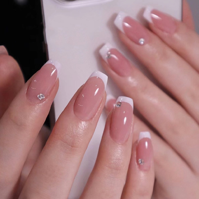 Wearing nail Pieces White French Short Ballet Rhinestone nail Wearing nail Pieces nail Pieces Wholesale False nail