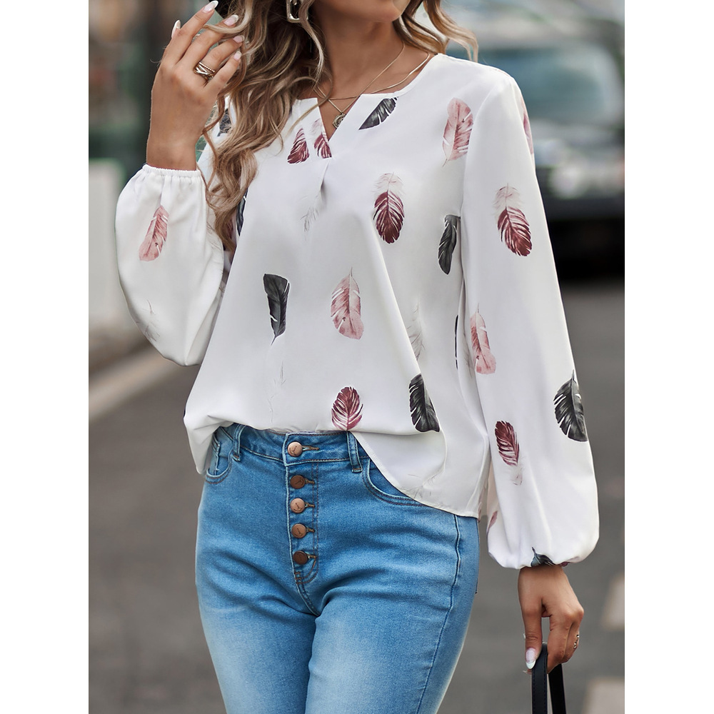 Autumn and Winter 2024 New Cross-border Amazon European and American Women's V-neck Feather Printing Long Sleeve Loose T-shirt Women's Top