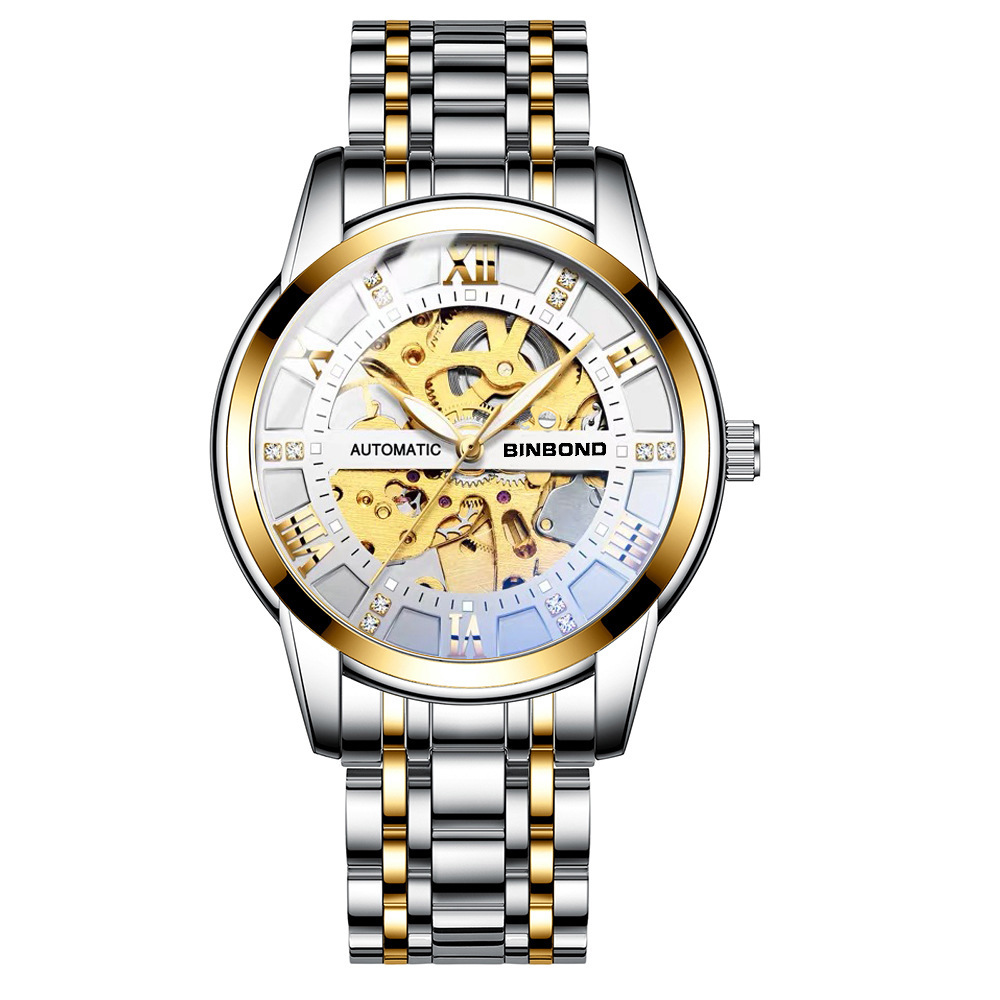 Binbang Watch Men's Automatic Mechanical Watch Hollow Luminous Waterproof Student Korean Style Simple Fashion Men's Watch