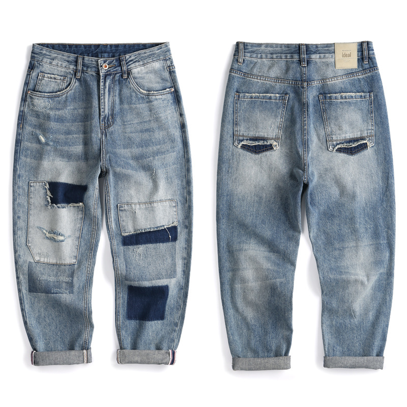 American Retro Ripped Jeans Men's Loose Straight Casual Pants Trendy Brand Patch Nine-point Torre Pants Large Size Men
