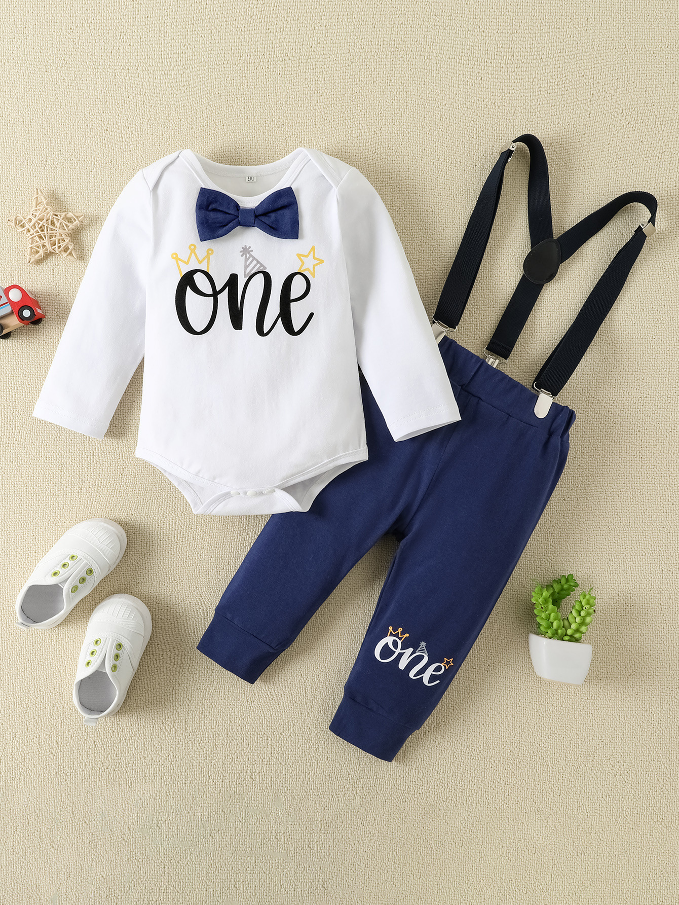 European and American Baby Boy 1 year old ONE letter printing bow tie birthday gentleman cotton suit two-piece set