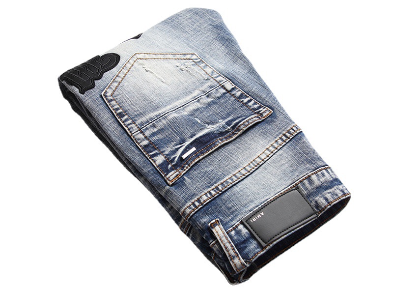 AM Foreign Trade Style Punk Vintage Blue Ripped Slim-fit Stretch Printed and Dyed Skinny Men's Jeans